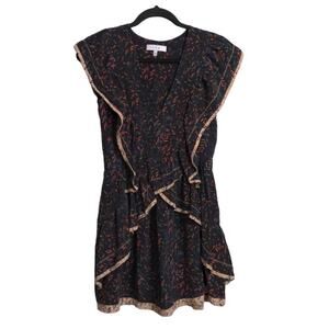 IRO Womens Jicka A Line Dress Black Abstract Mini V Neck Cap Sleeve 100% Silk 36